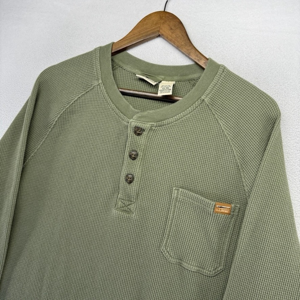 LL Bean Henley Shirt Mens 2XL Green Waffle Knit Cotton Pullover  Solid Blank
